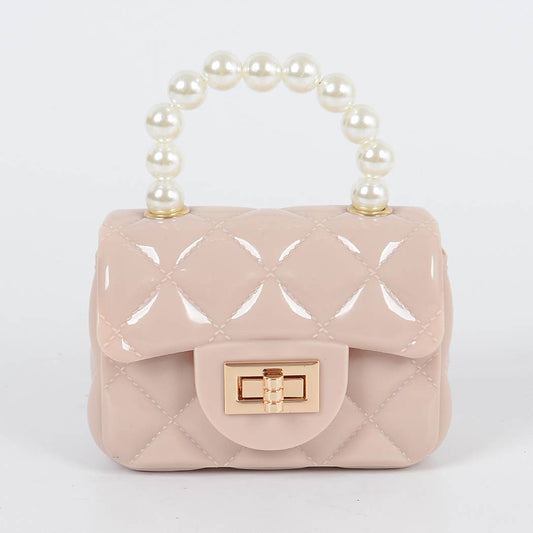 Beige Jelly Shiny Mini Bag with Pearl Handle